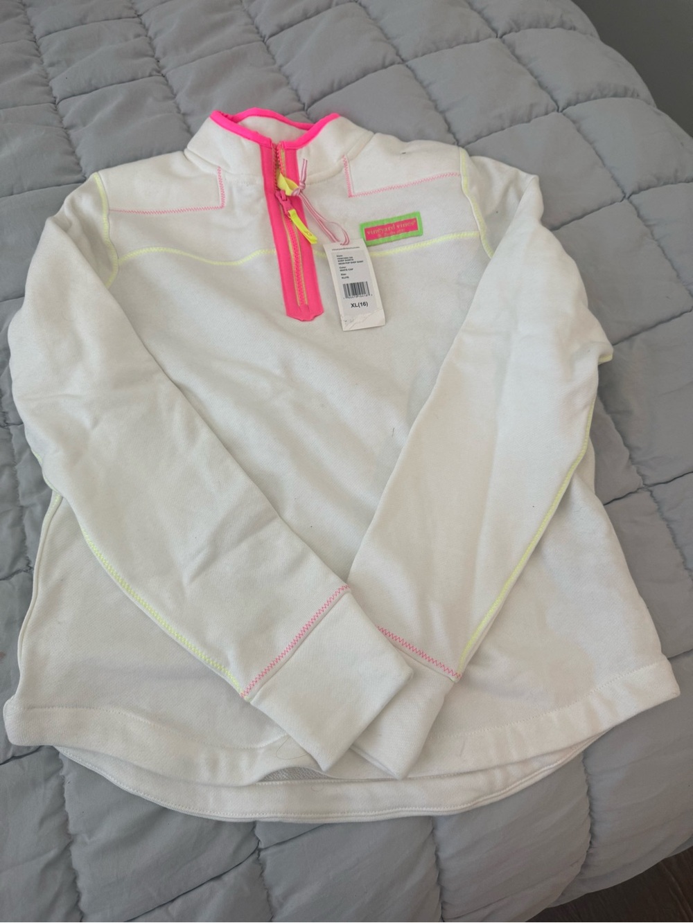 Vineyard Vines White Quarter-Zip Pullover with Neon Pink Trim